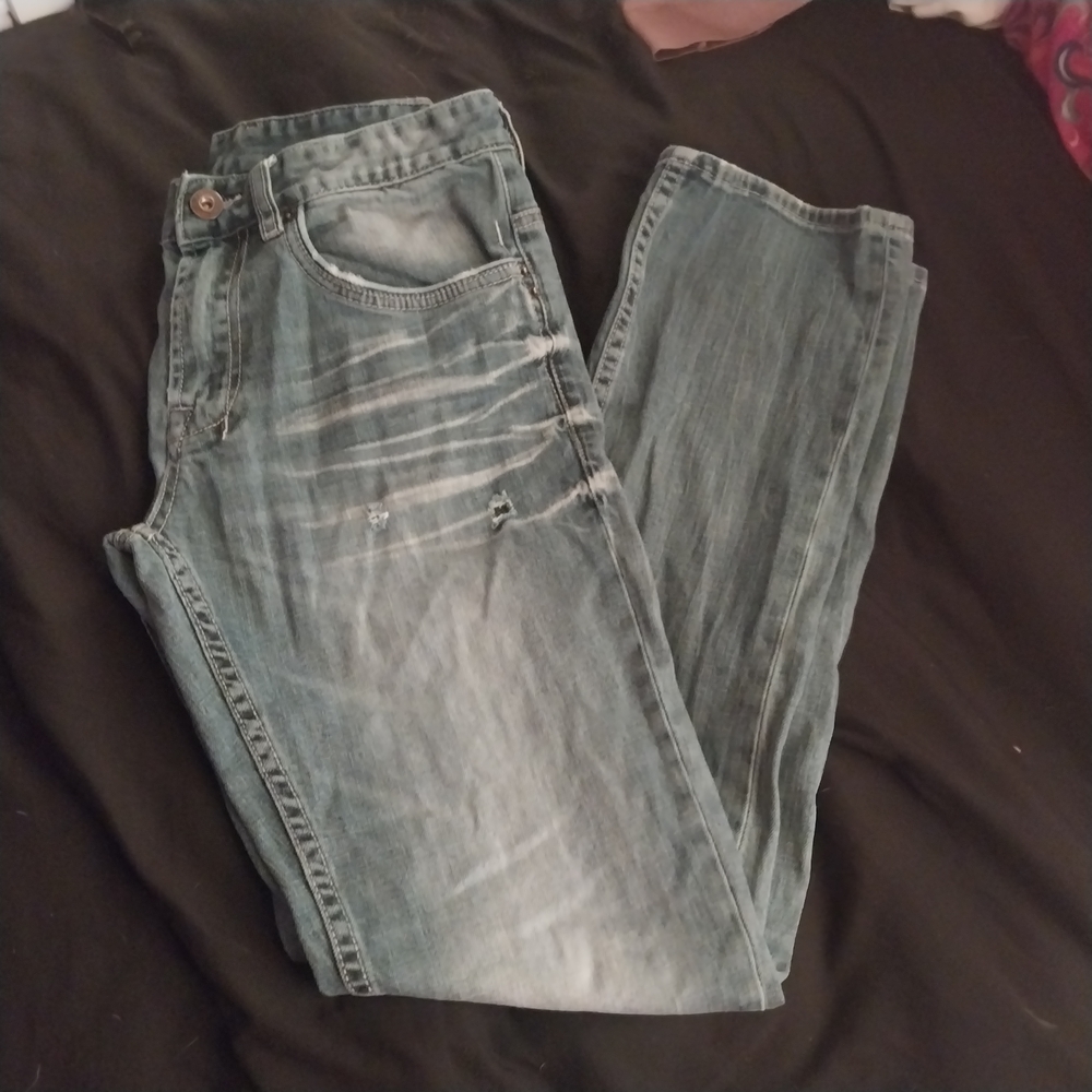 Buffalo David Bitton Relaxed Fit Distressed Blue Jeans